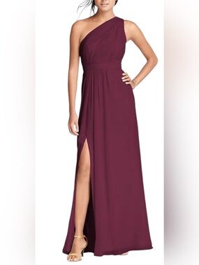 David's Bridal One-Shoulder Burgundy Maxi Gown with Side Slit
